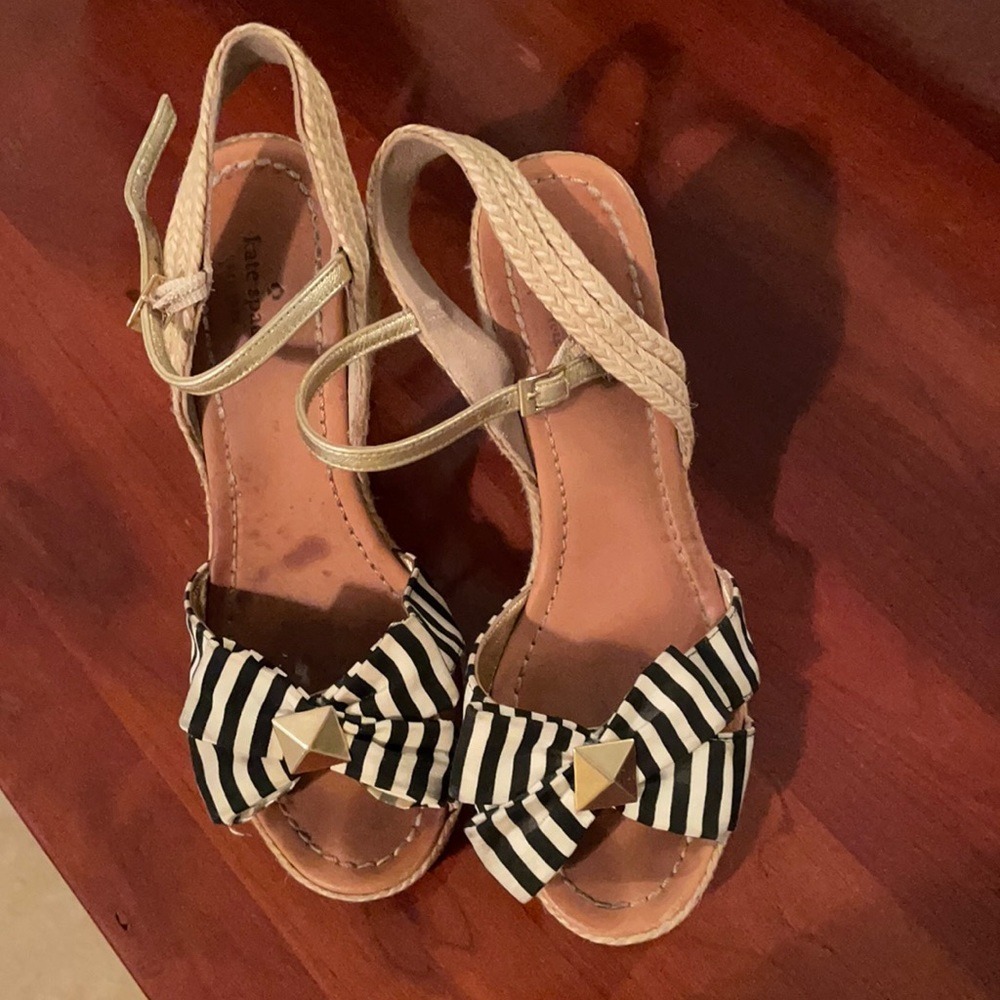Kate Spade Black White Striped Bow Wedge Espadrilles Sandals Womens 9.5